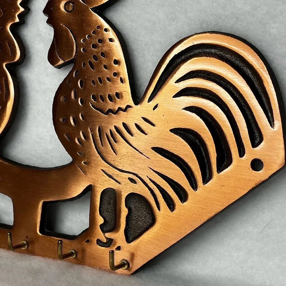 Cast Iron Copper Plated Double Rooster‎ Five Key Hook Holder 11”x6.5”